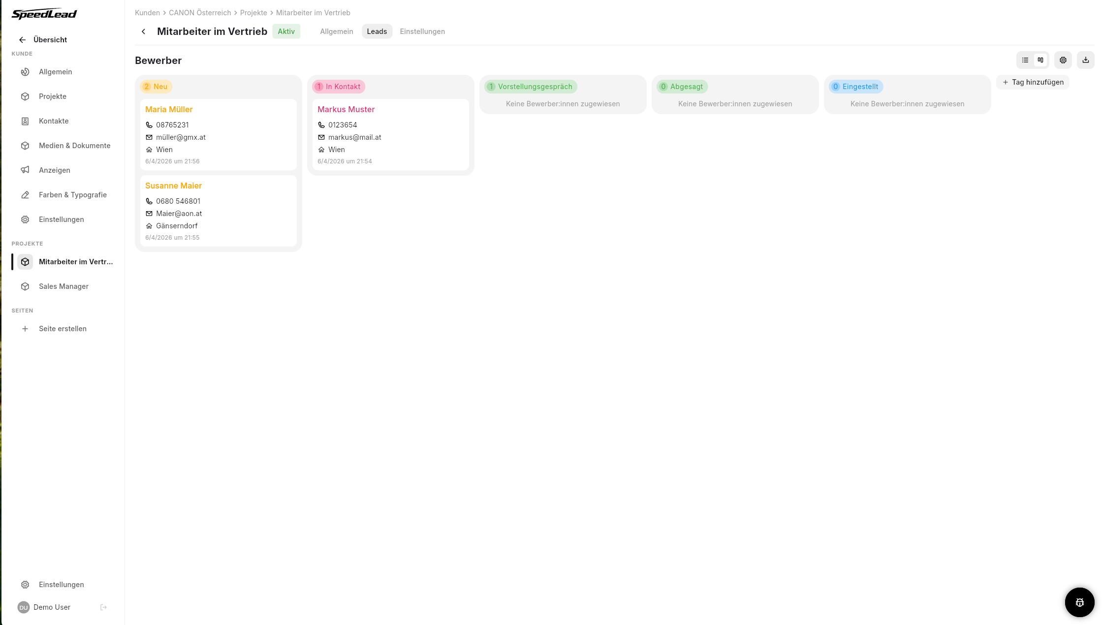SpeedLead Bewerber-Kanban-Übersicht