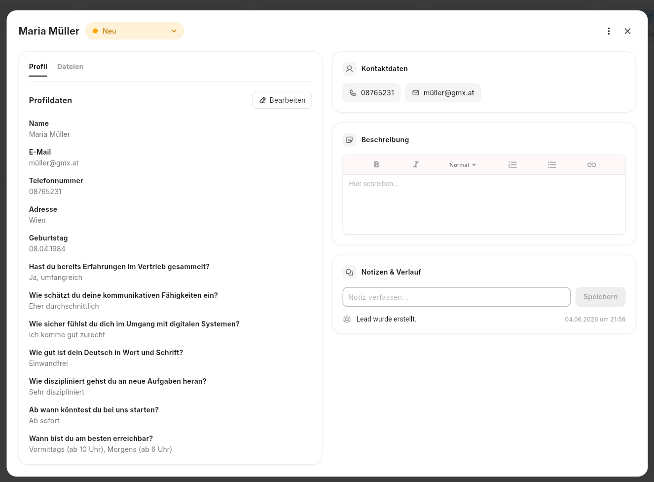 SpeedLead Bewerberprofil mit Kontaktdaten und Verlauf